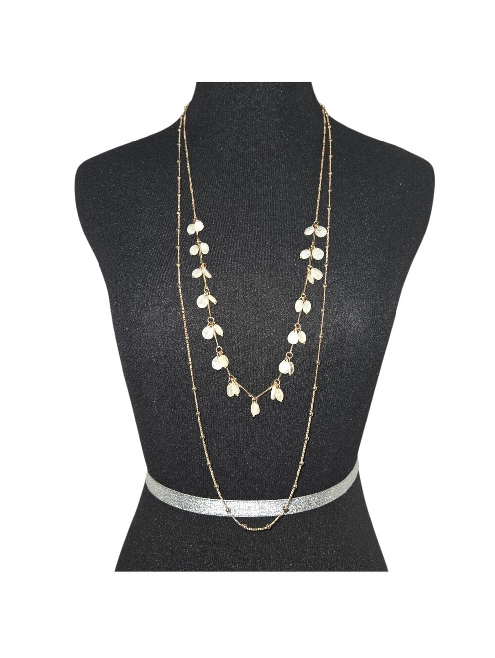 Gold Tone Long Layered Necklace Shell Teardrop Beads Multi Strand Boho 19" EUC